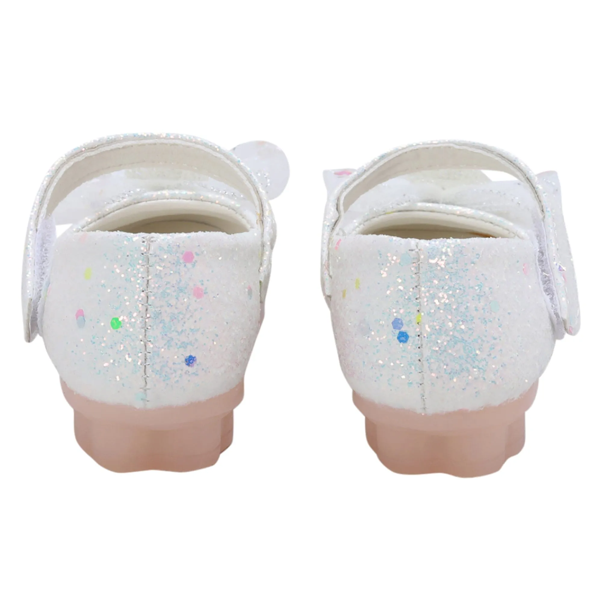 Baby Moo Embellished Bow Sequin Mary Jane Velcro Strap Anti-Skid Ballerina Shoes - White