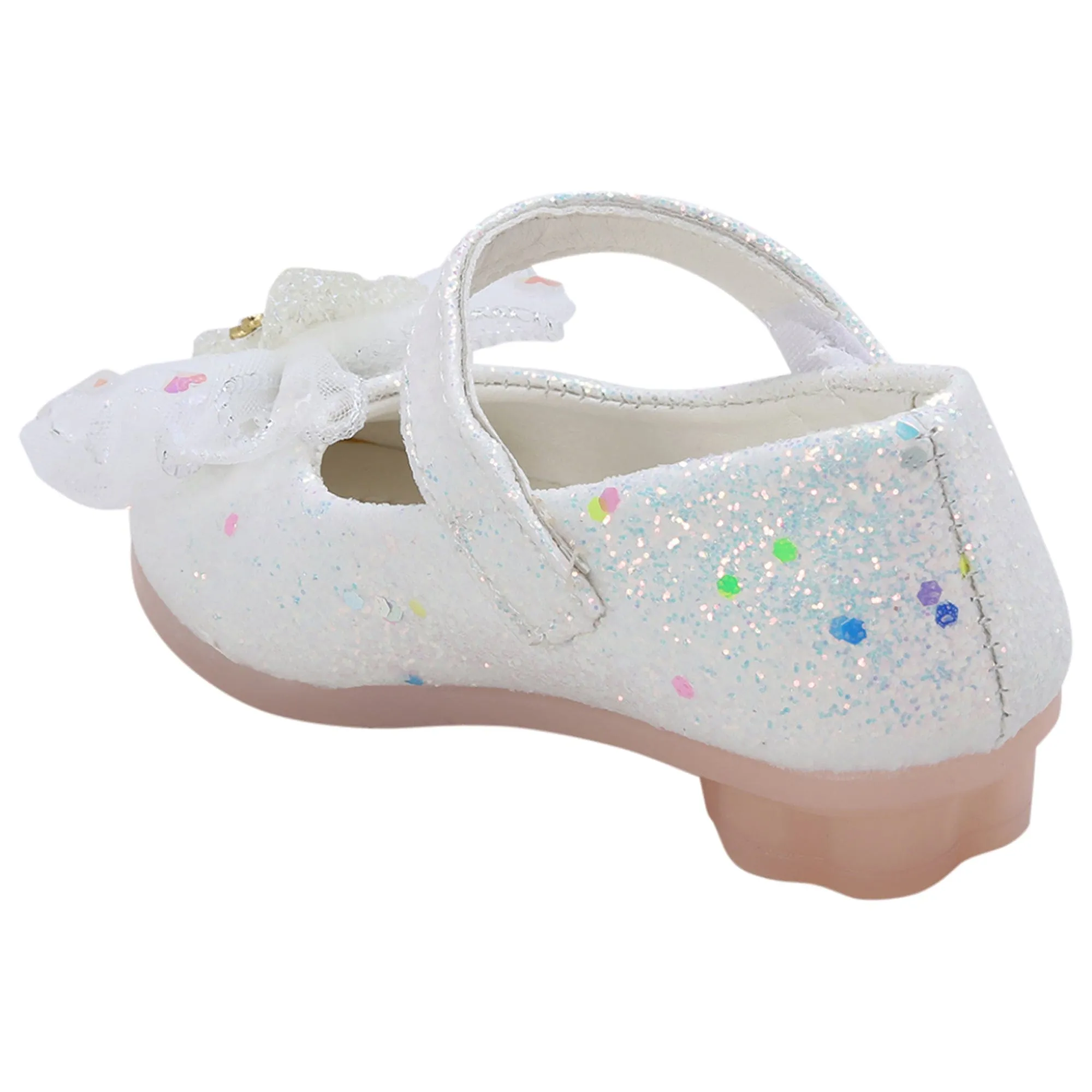 Baby Moo Embellished Bow Sequin Mary Jane Velcro Strap Anti-Skid Ballerina Shoes - White