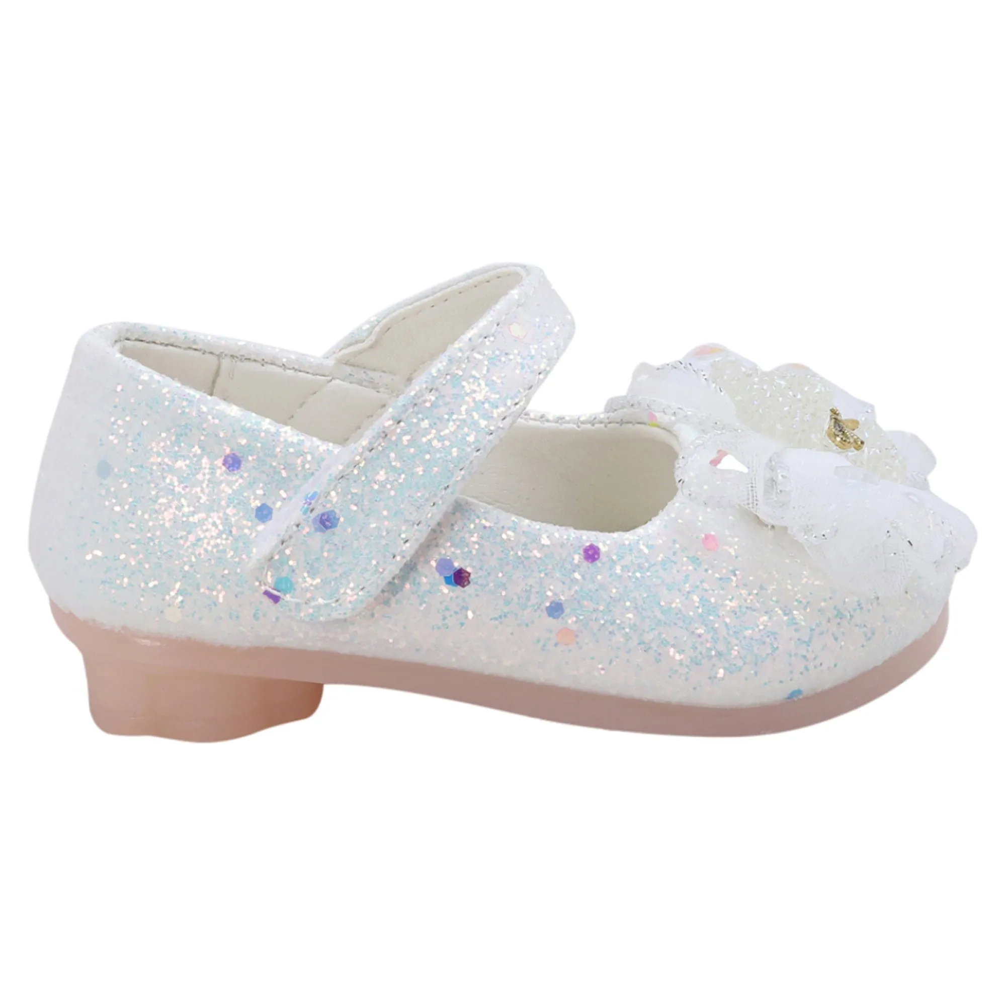 Baby Moo Embellished Bow Sequin Mary Jane Velcro Strap Anti-Skid Ballerina Shoes - White