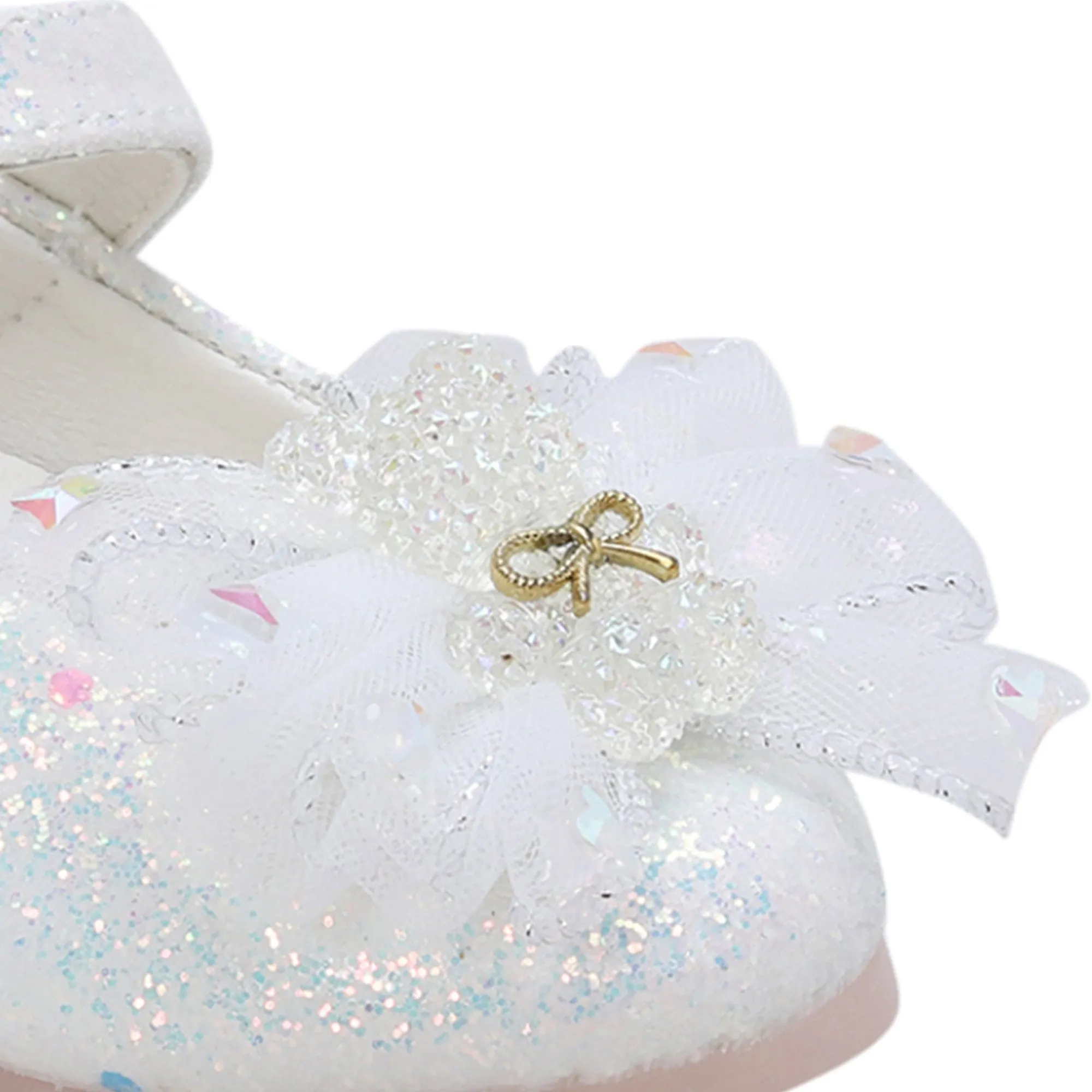 Baby Moo Embellished Bow Sequin Mary Jane Velcro Strap Anti-Skid Ballerina Shoes - White