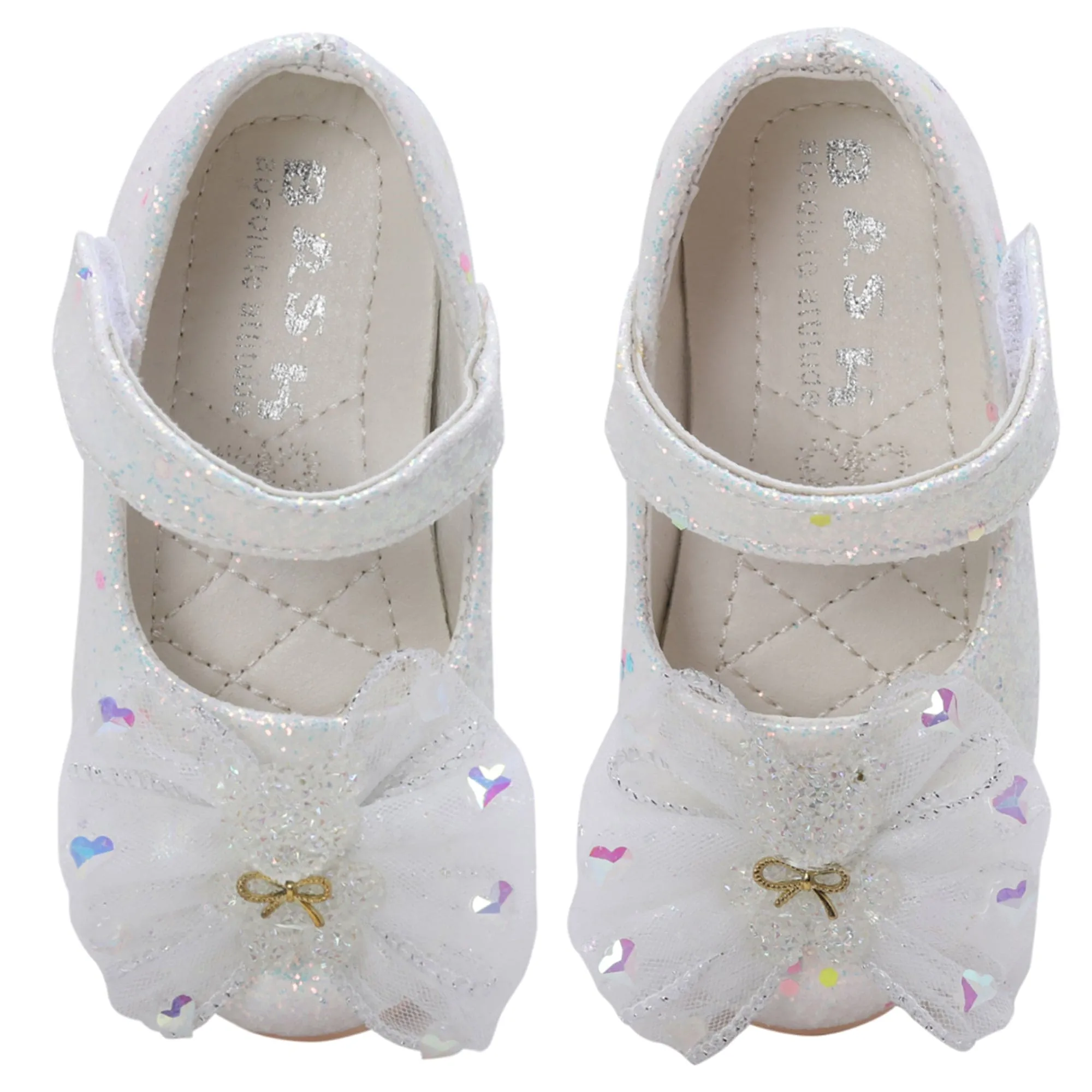 Baby Moo Embellished Bow Sequin Mary Jane Velcro Strap Anti-Skid Ballerina Shoes - White