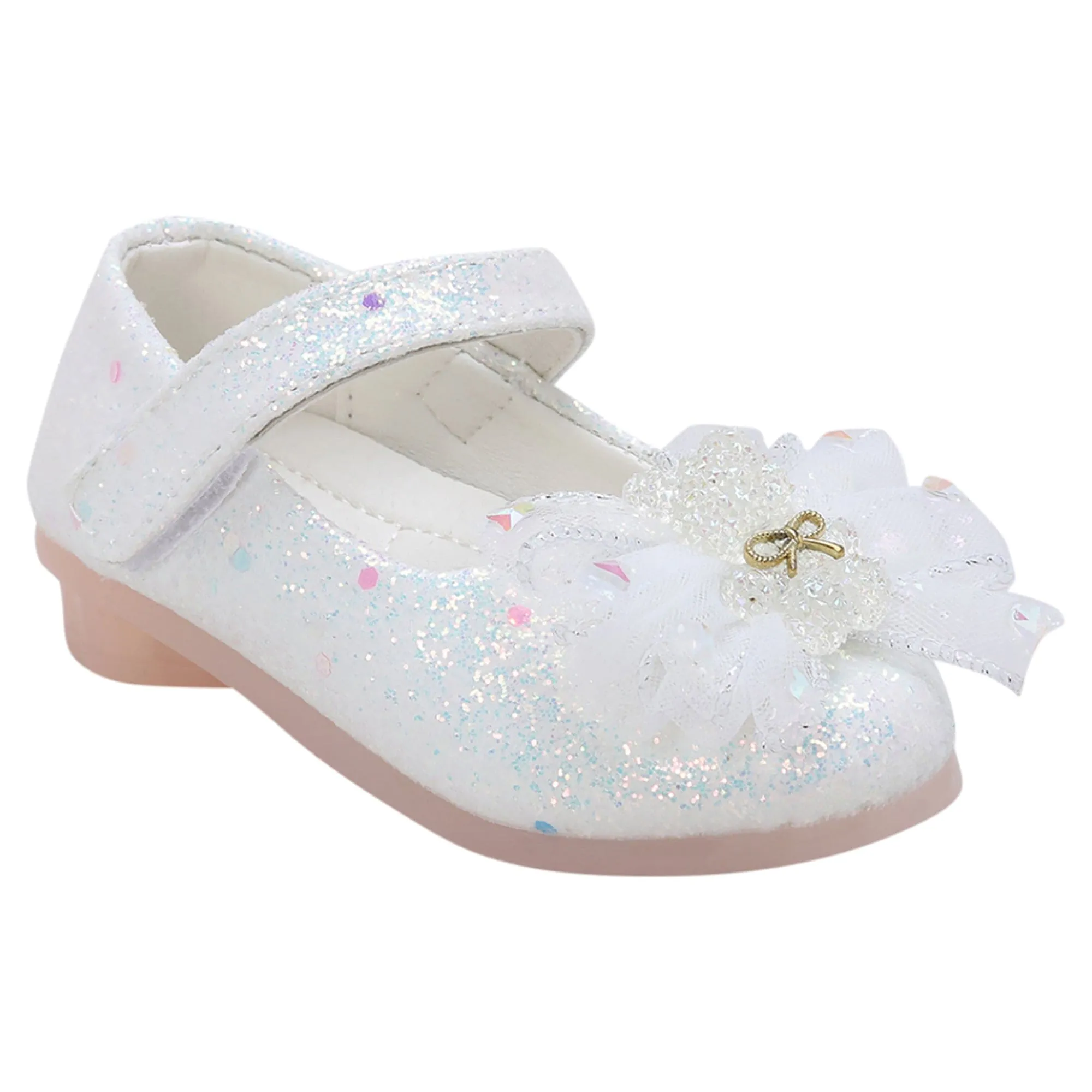 Baby Moo Embellished Bow Sequin Mary Jane Velcro Strap Anti-Skid Ballerina Shoes - White