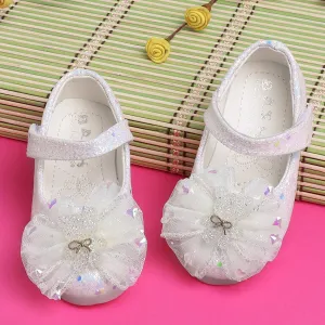 Baby Moo Embellished Bow Sequin Mary Jane Velcro Strap Anti-Skid Ballerina Shoes - White