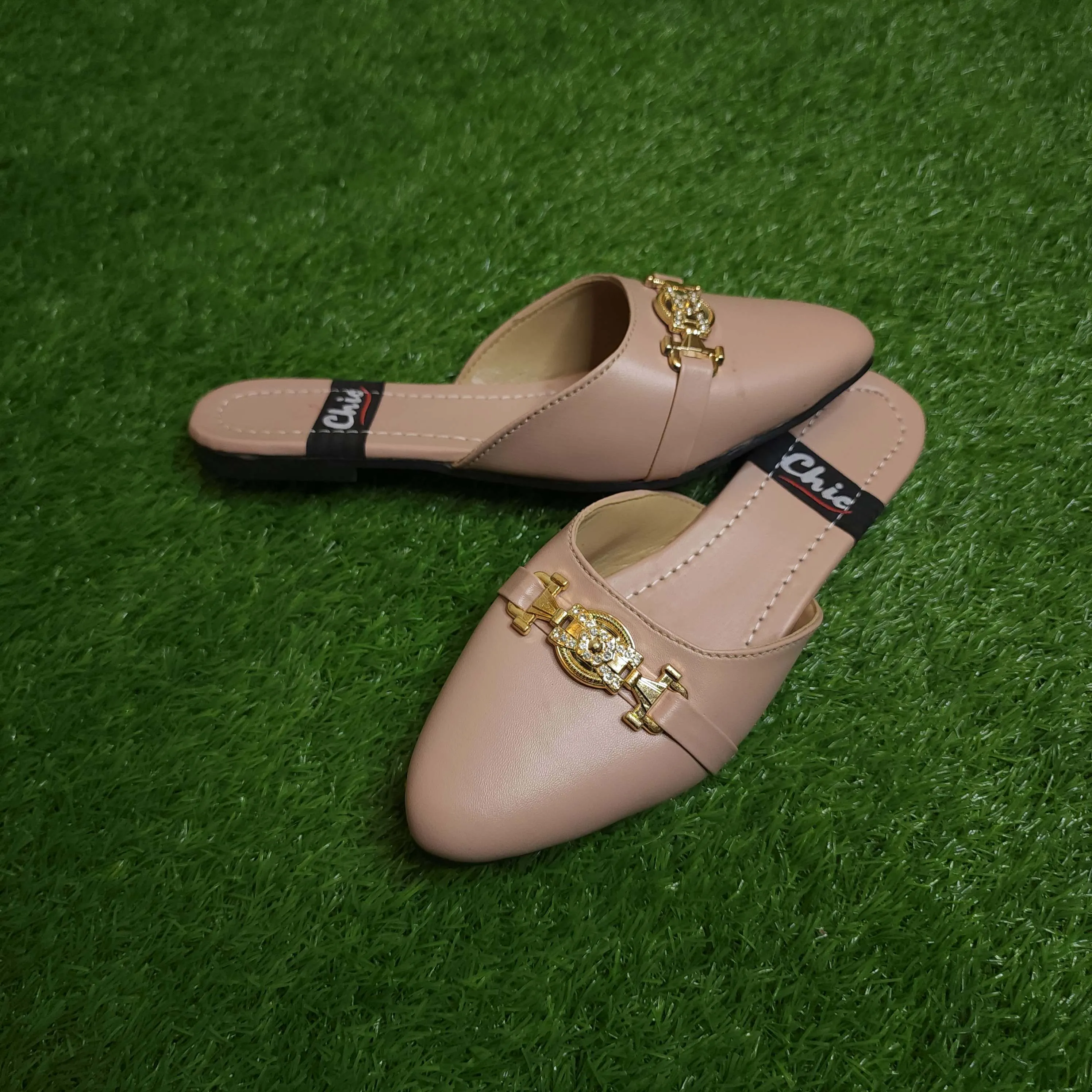 Beige Buckle Mules In Flat Sole