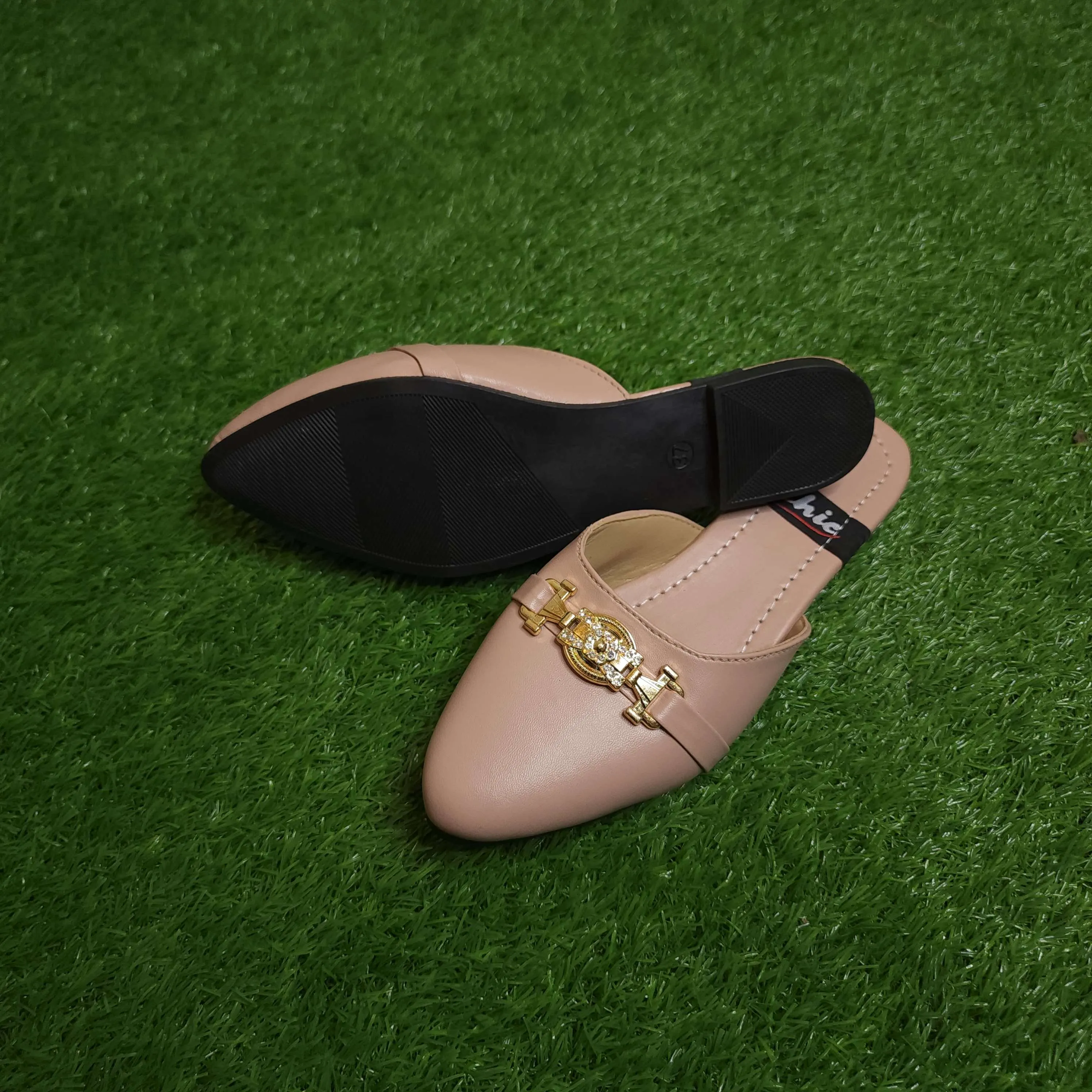 Beige Buckle Mules In Flat Sole