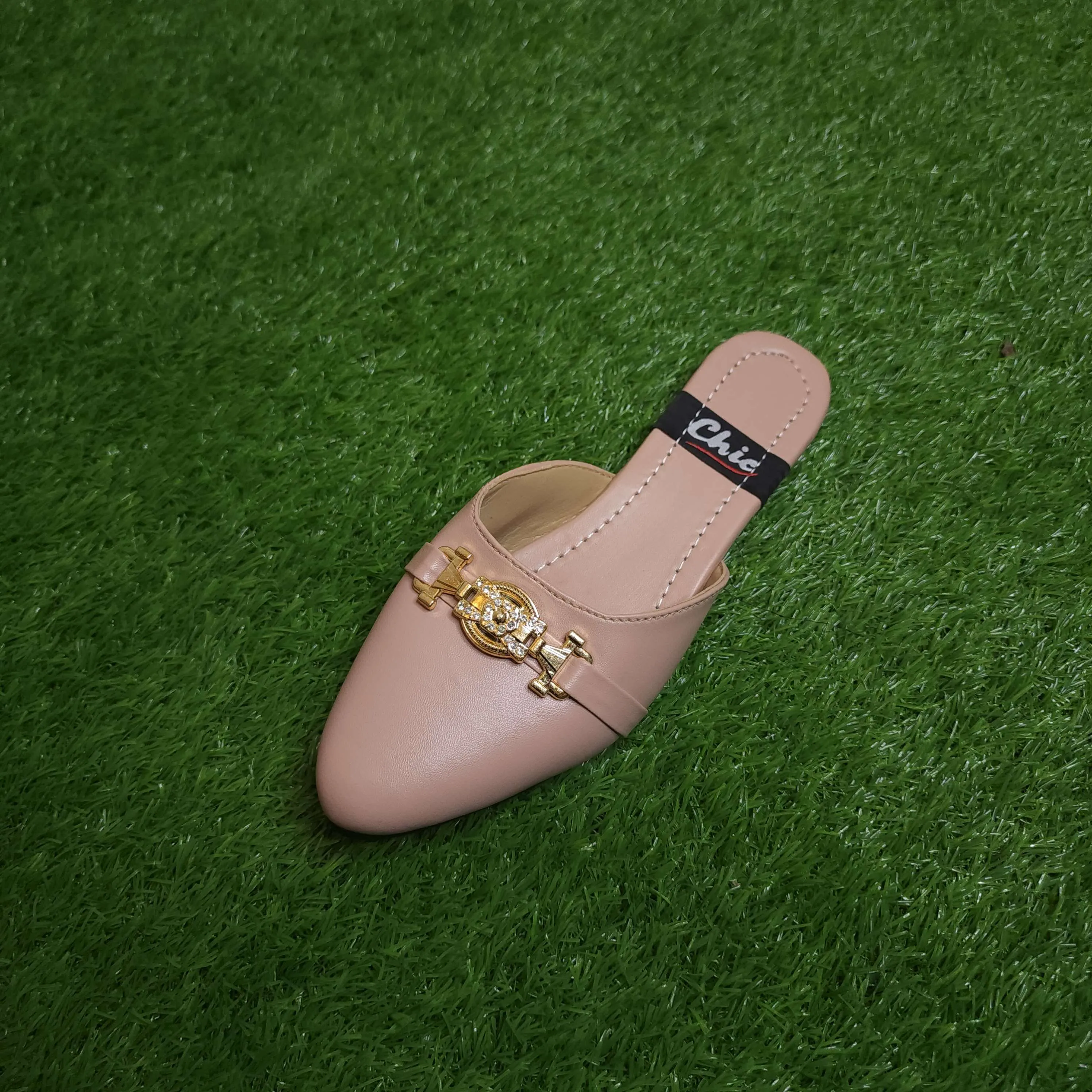 Beige Buckle Mules In Flat Sole