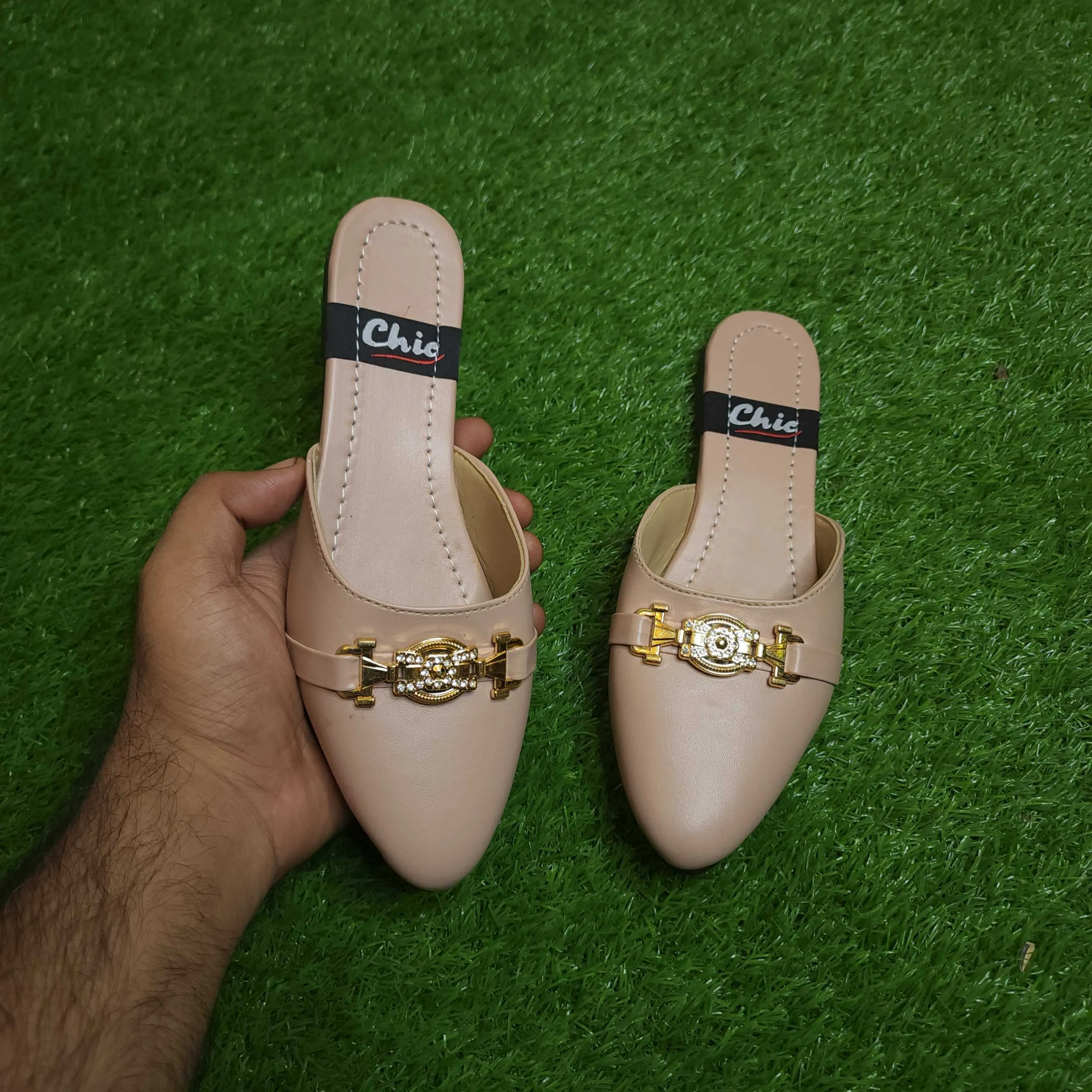 Beige Buckle Mules In Flat Sole