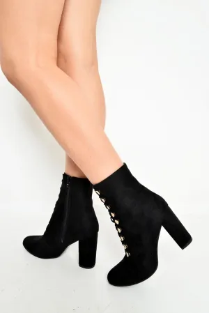 Black Faux Suede Button Detail Ankle Boots - Hadlyn