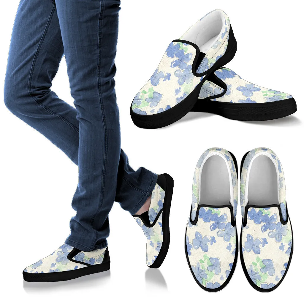 Blu&White Watercolor Floral Slip On Sneakers