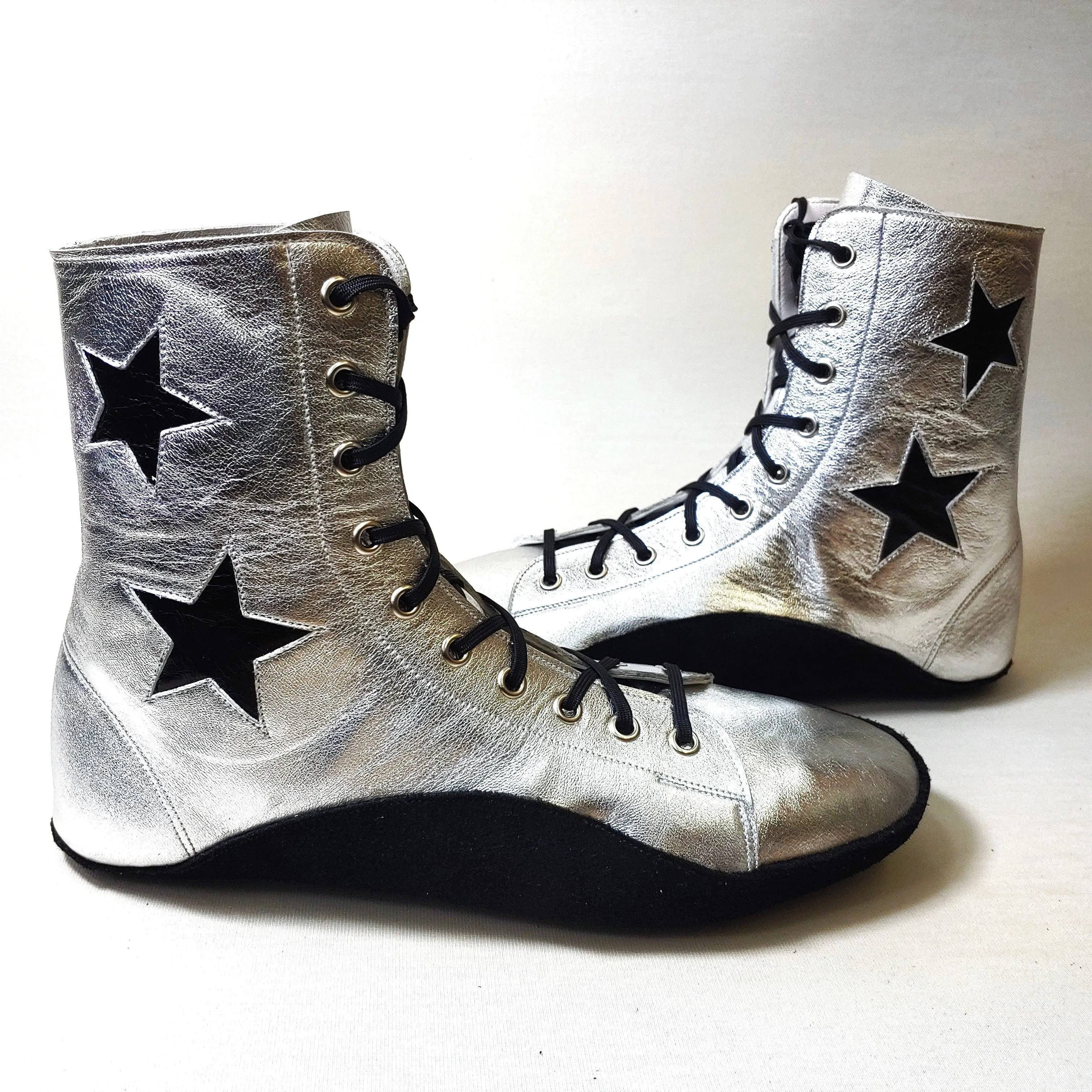 CUSTOM MADE Silver Tightrope Boots w/ 2 Black Stars