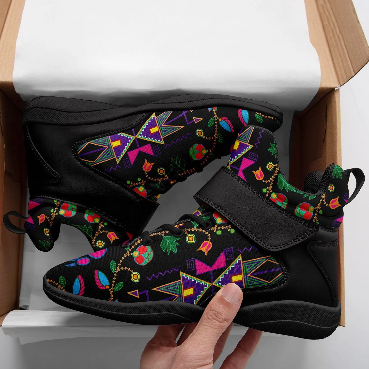 Geometric Floral Fall Black Ipottaa Basketball / Sport High Top Shoes - Black Sole