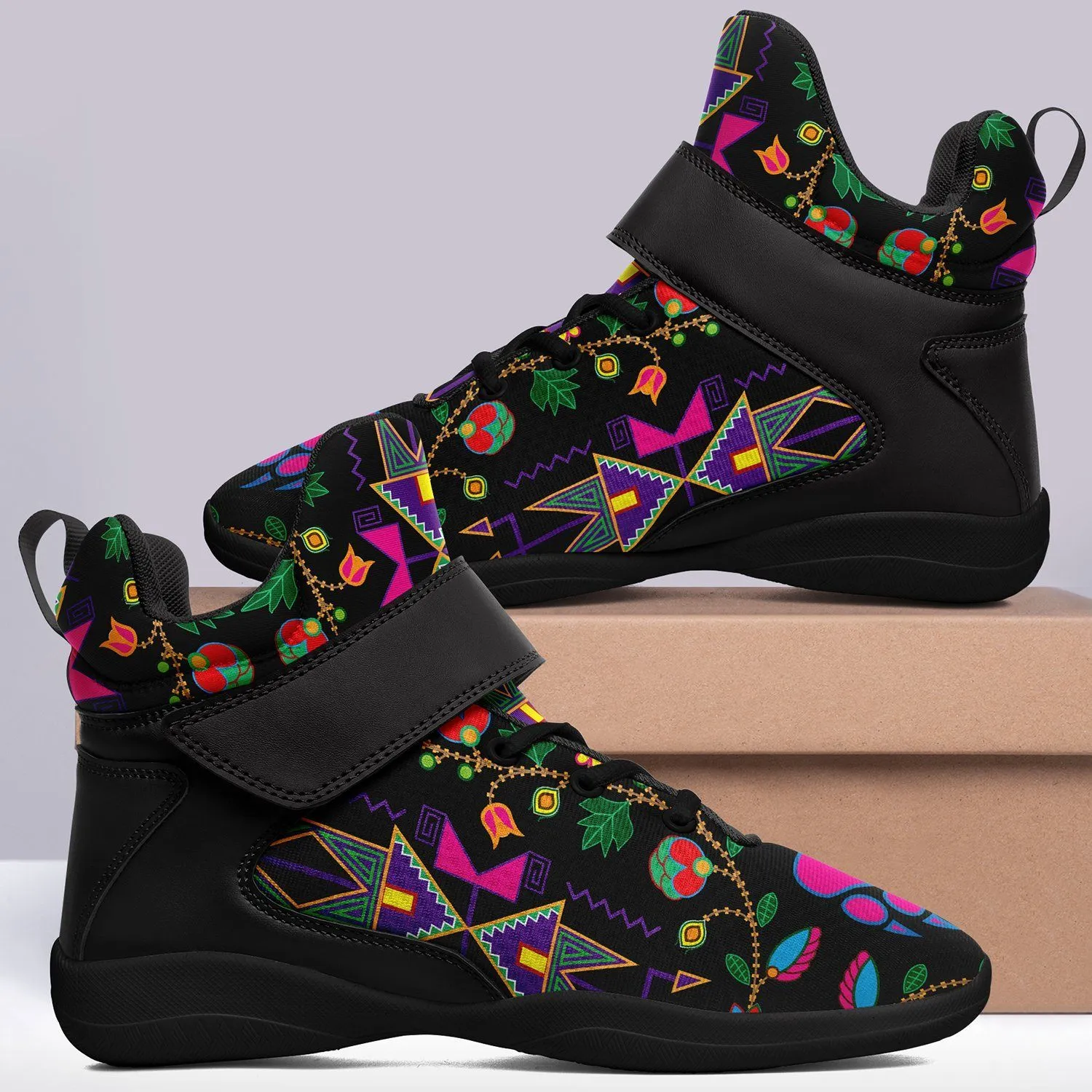 Geometric Floral Fall Black Ipottaa Basketball / Sport High Top Shoes - Black Sole