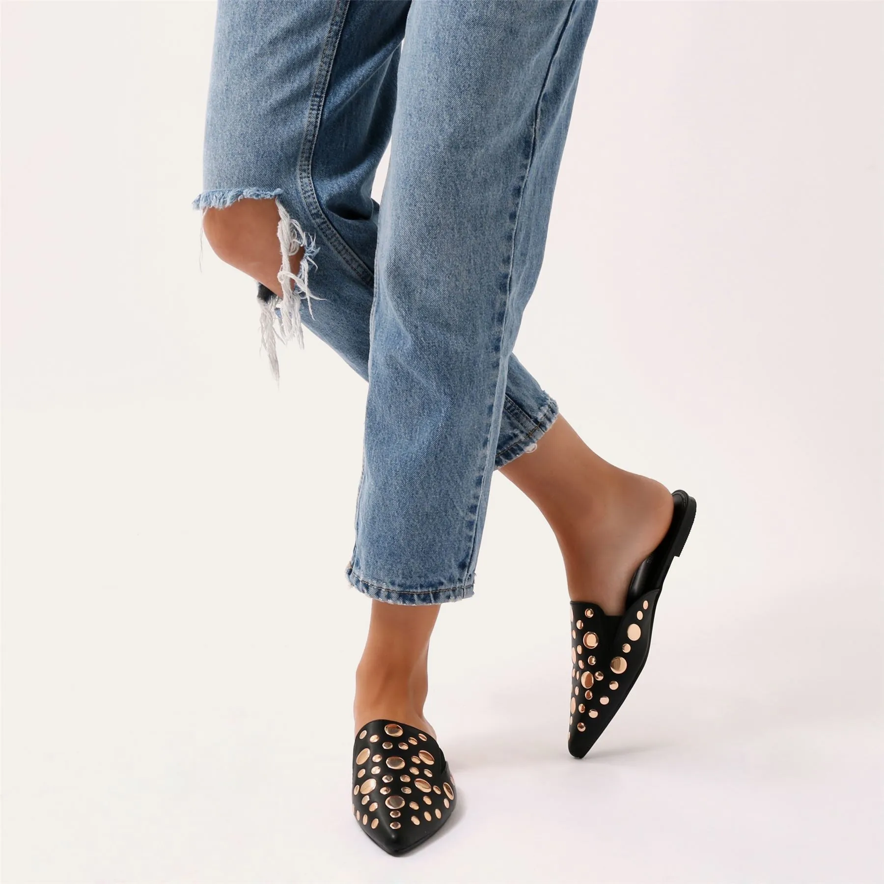 Josephine Rose Gold Stud Backless Loafers in Black