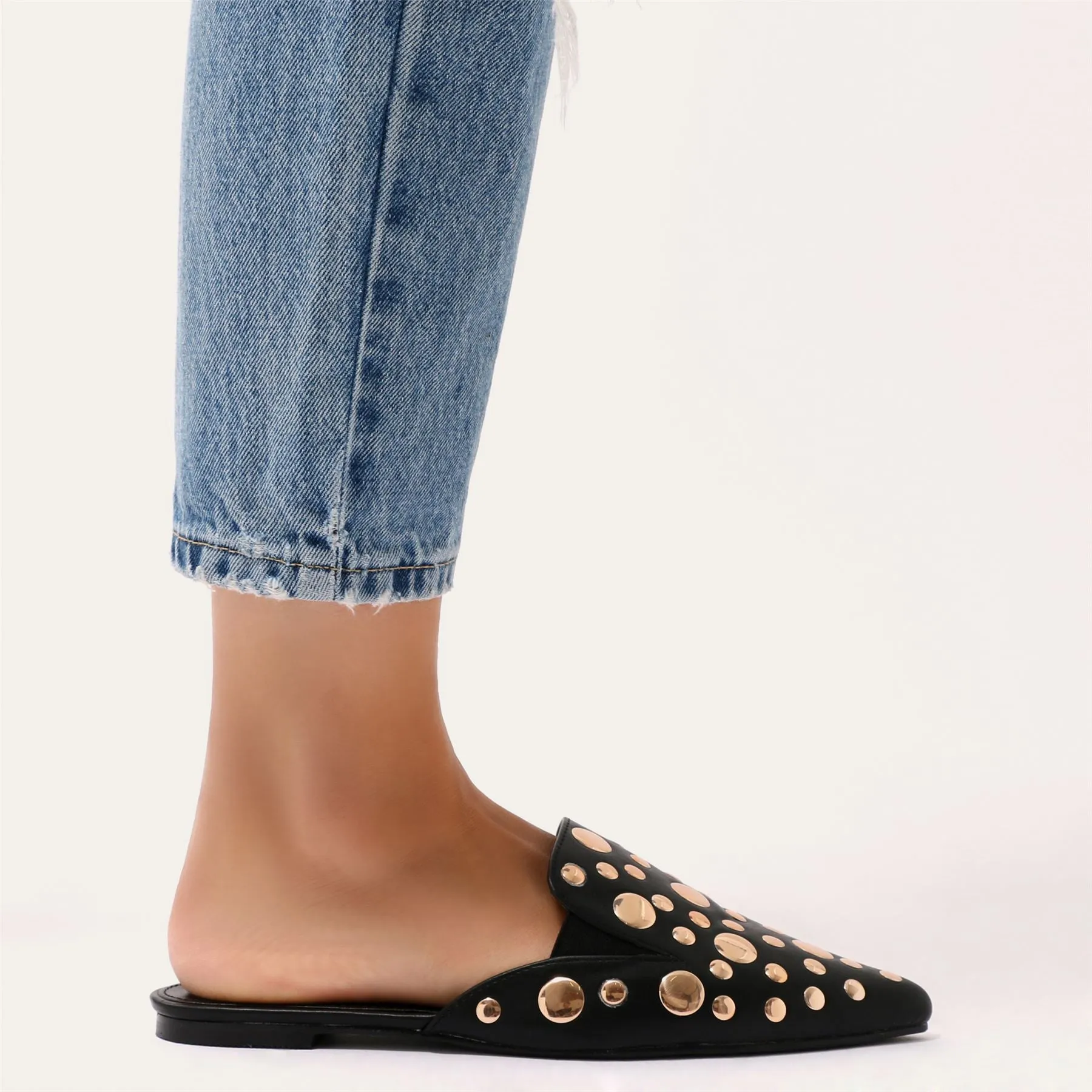 Josephine Rose Gold Stud Backless Loafers in Black