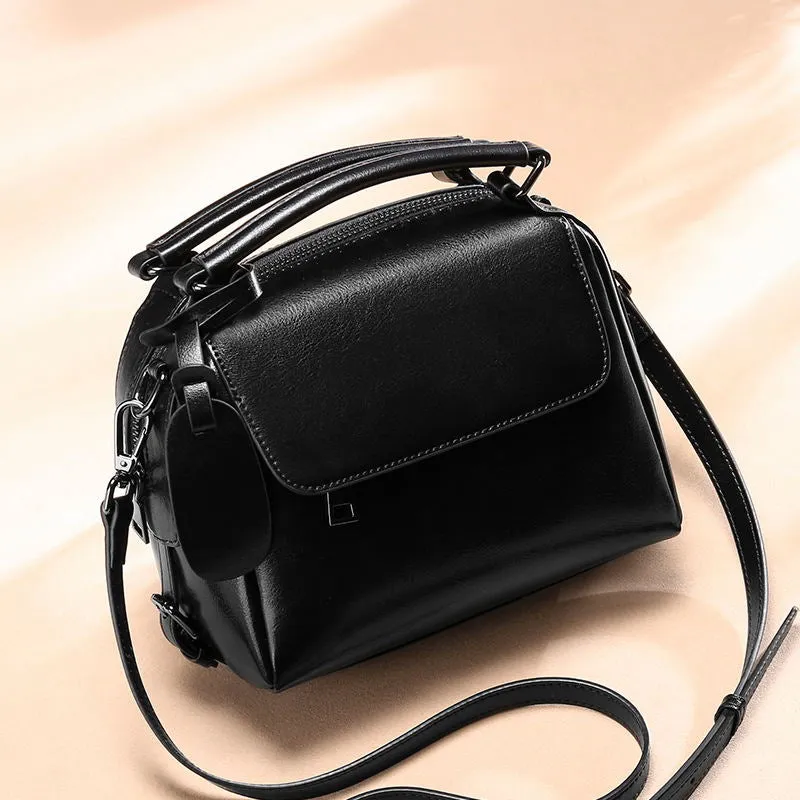 Korean Style Leather Handbag - Small Square Bag with Car Stitching Detail