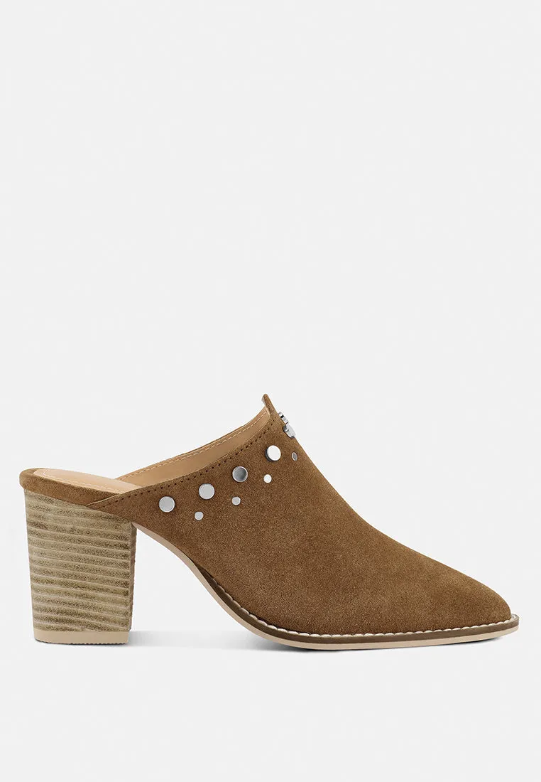 LESLIE Tan Stacked Heel Mules