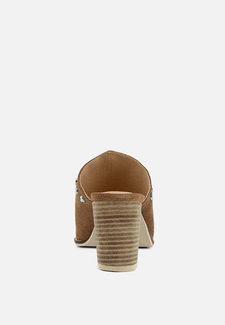 LESLIE Tan Stacked Heel Mules