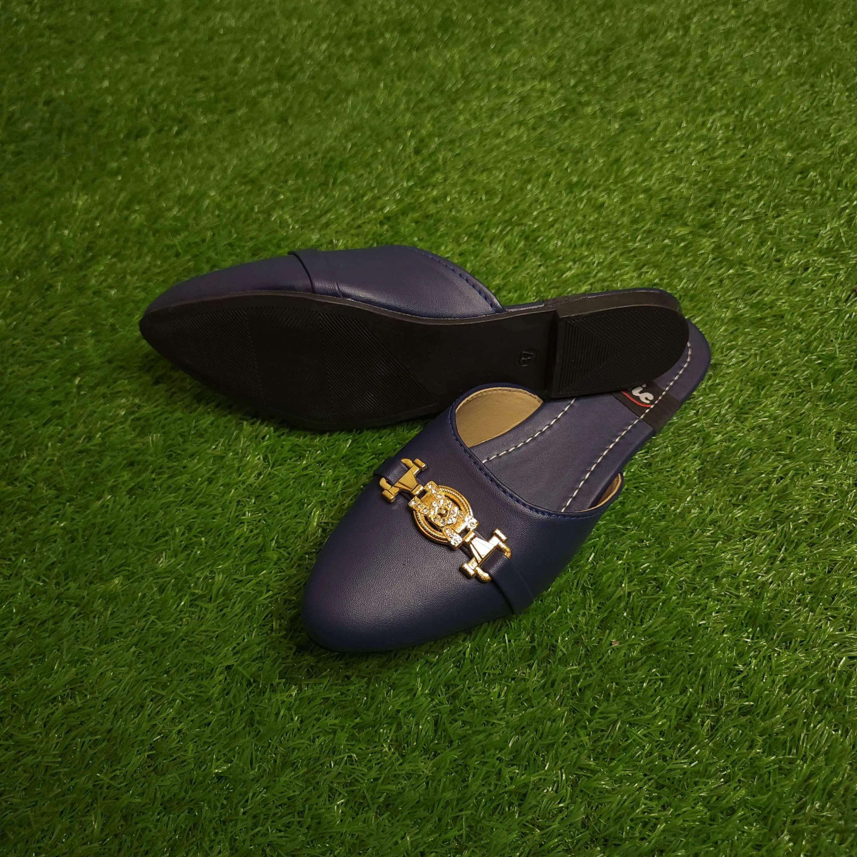 Navy Buckle Mules In Flat Sole