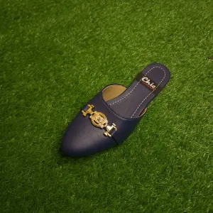 Navy Buckle Mules In Flat Sole