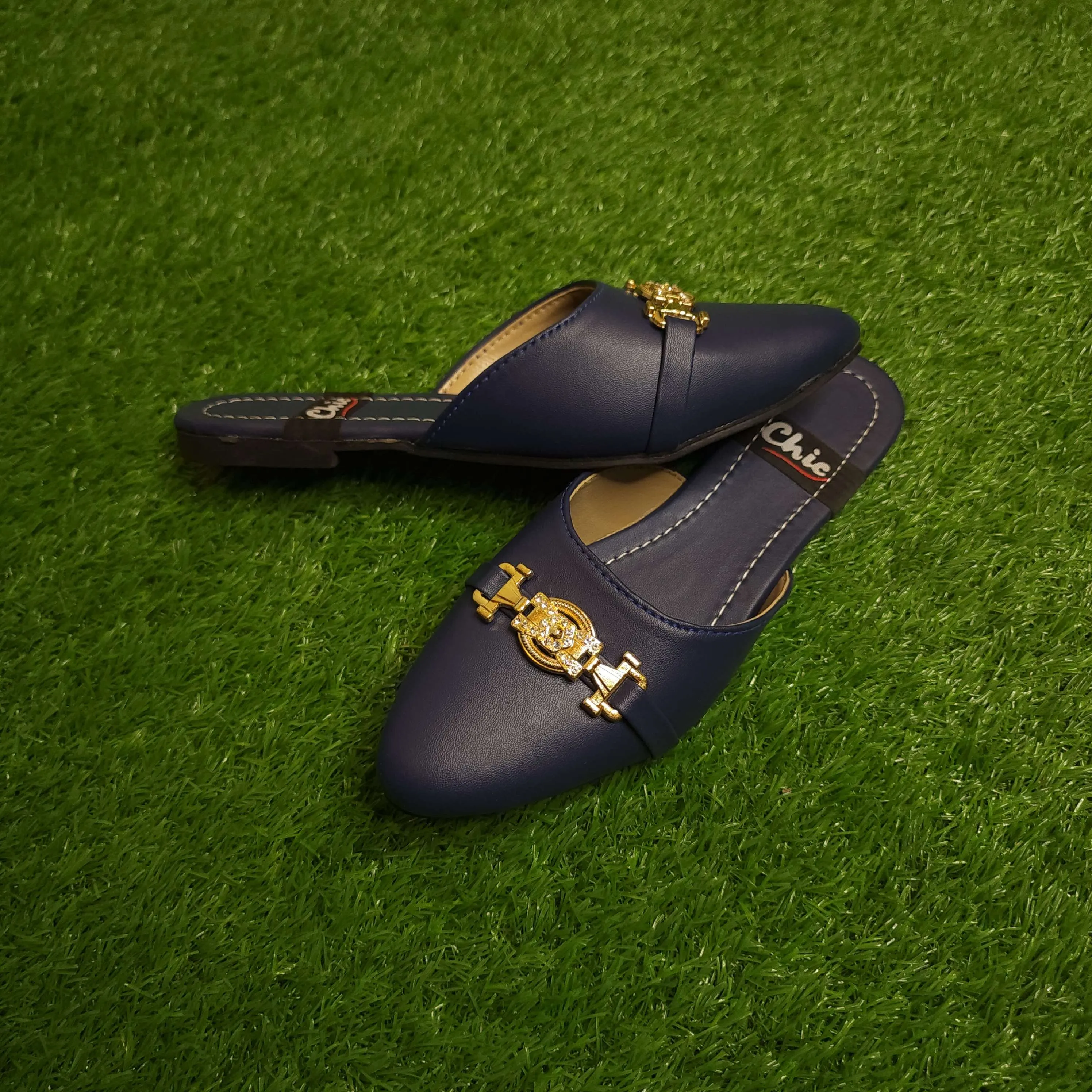 Navy Buckle Mules In Flat Sole