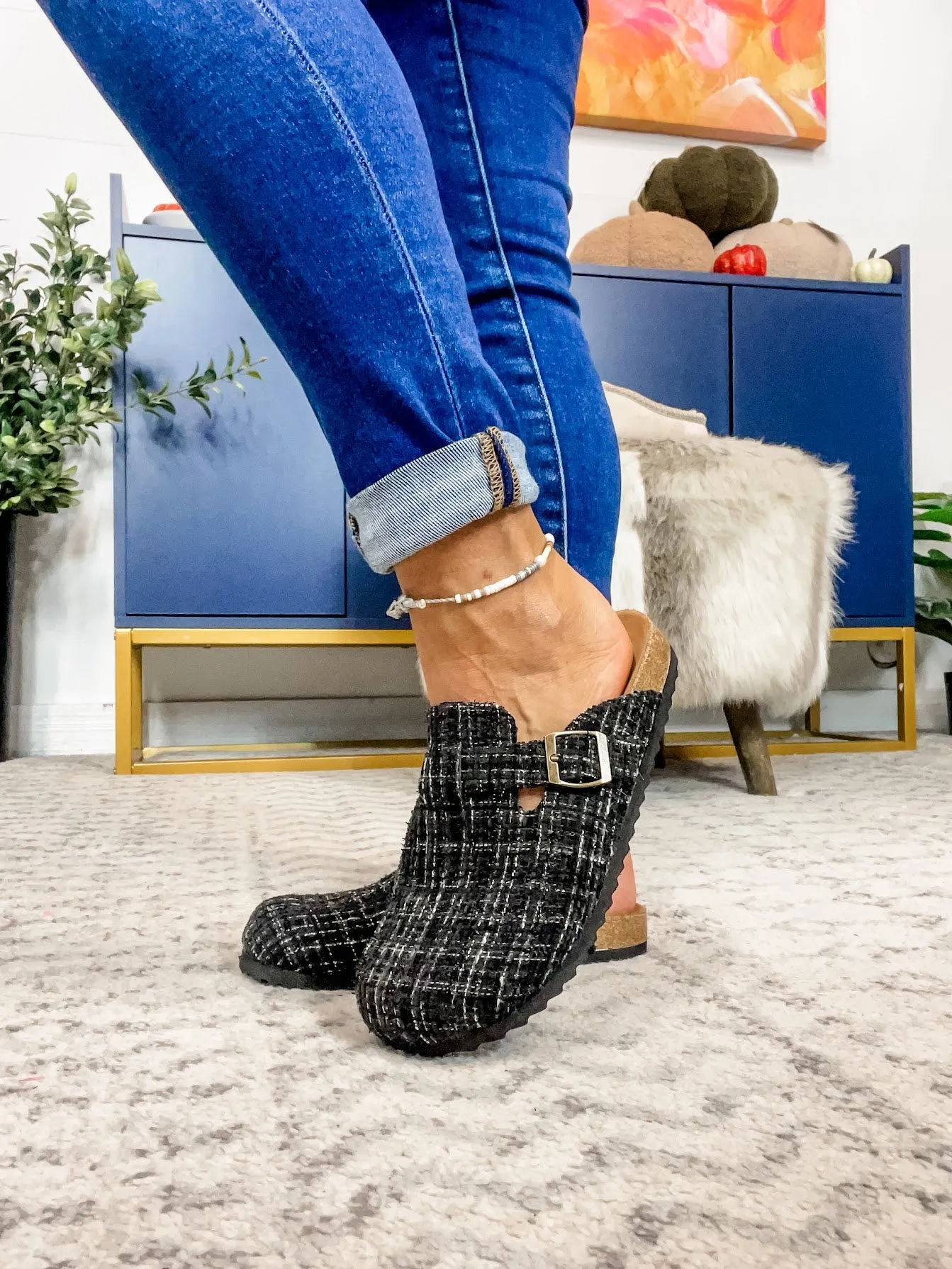 One For The Books Flat Mules in Black/White Tweed (7-11)