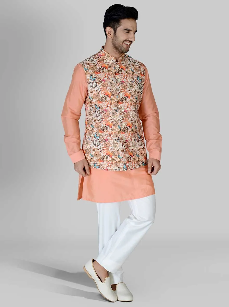 Peach Kurta Set with Multi Coloured Koti | Azania