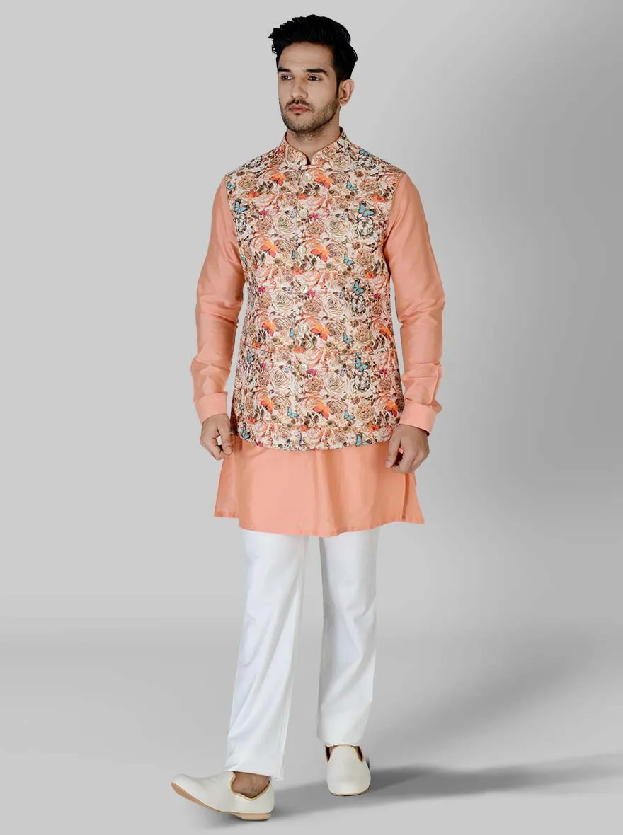 Peach Kurta Set with Multi Coloured Koti | Azania