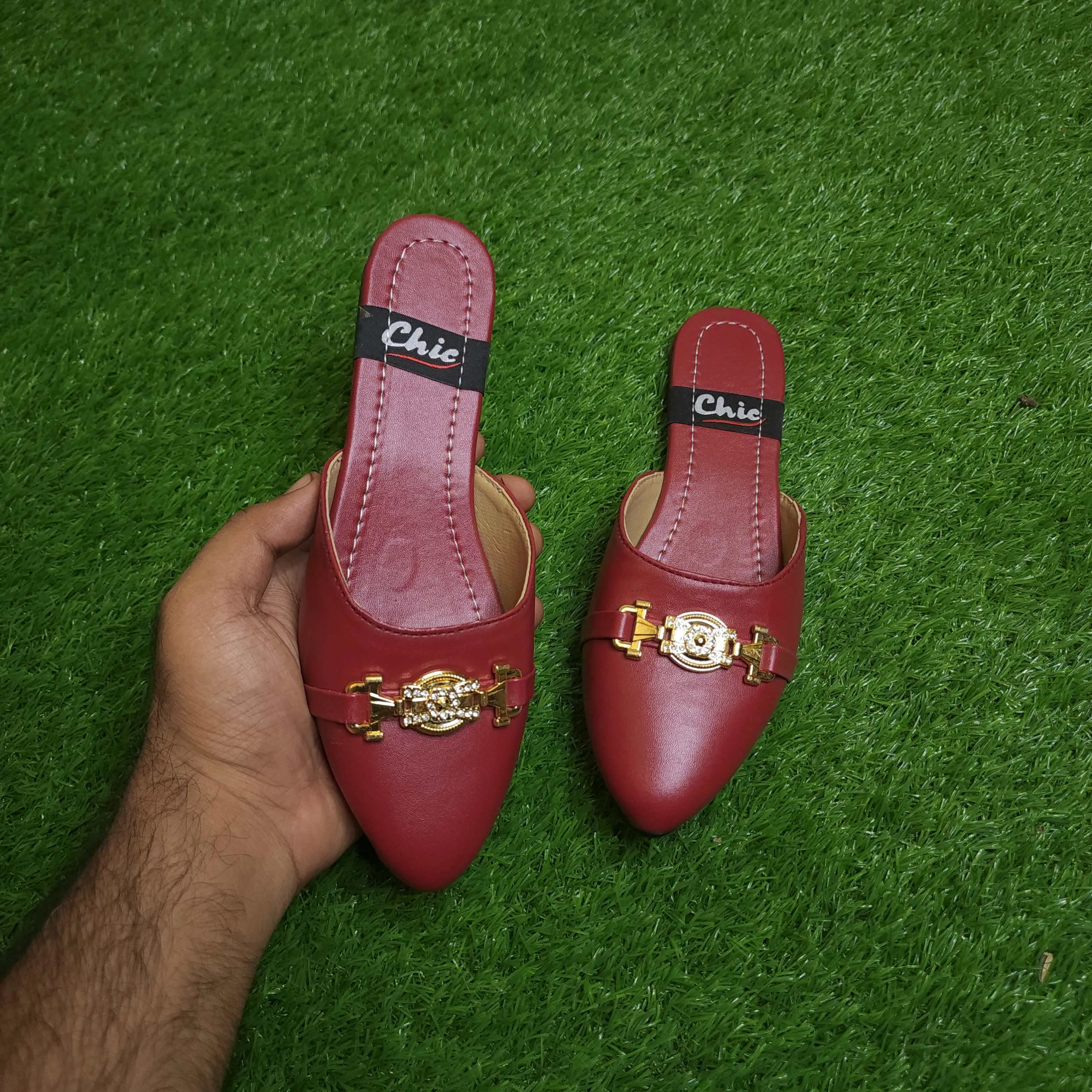 Red Buckle Mules In Flat Sole