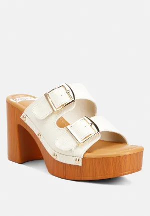 Sarai Buckle Straps High Block Heel Clogs In Beige