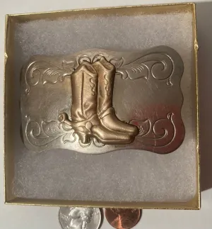 Vintage Metal Belt Buckle, Nicek Silver, Brass Boots, Cowboy, Country and Western, Heavy Duty, Quality, Western Wear, Fun, For Belts